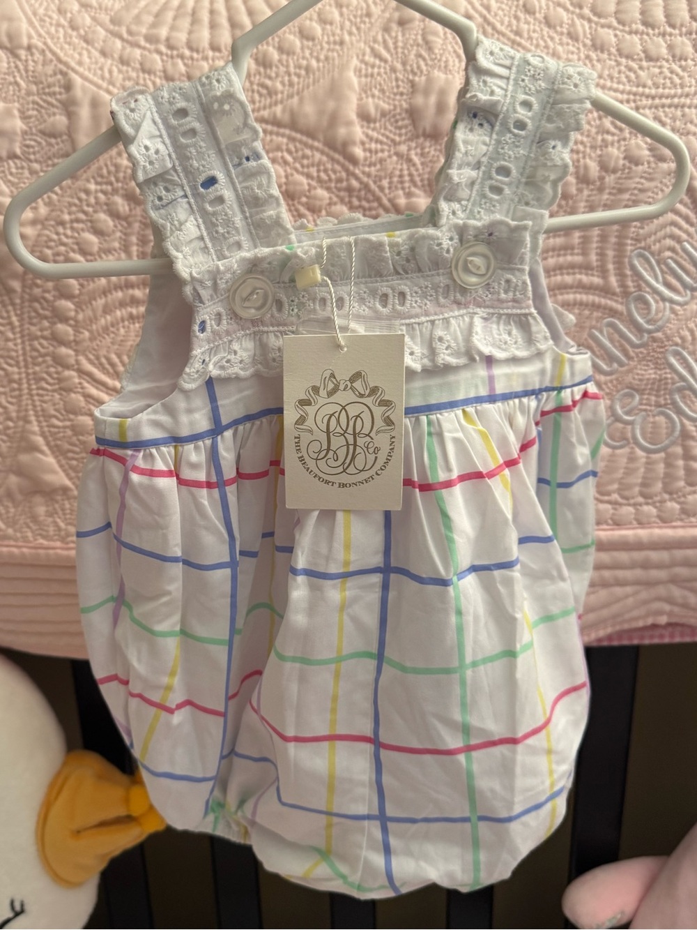 Baby Girl Plaid Eyelet Romper - White & Pastel Multicolor